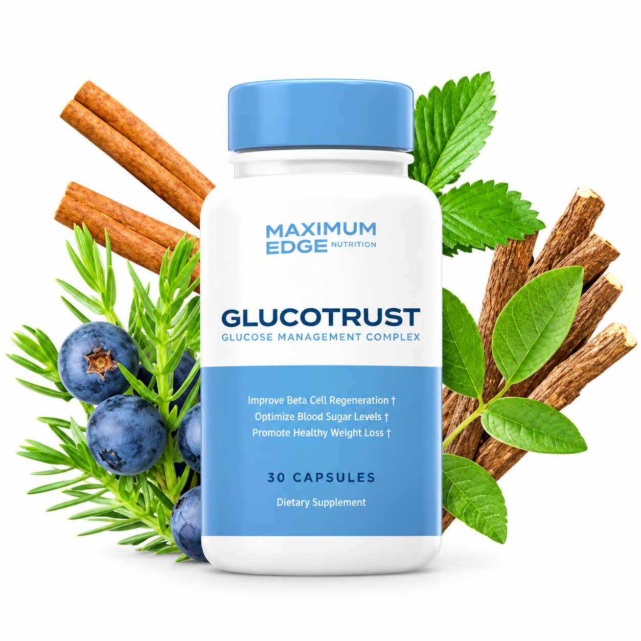 GlucoTrust supplement bottle surrounded by cinnamon and juniper berries