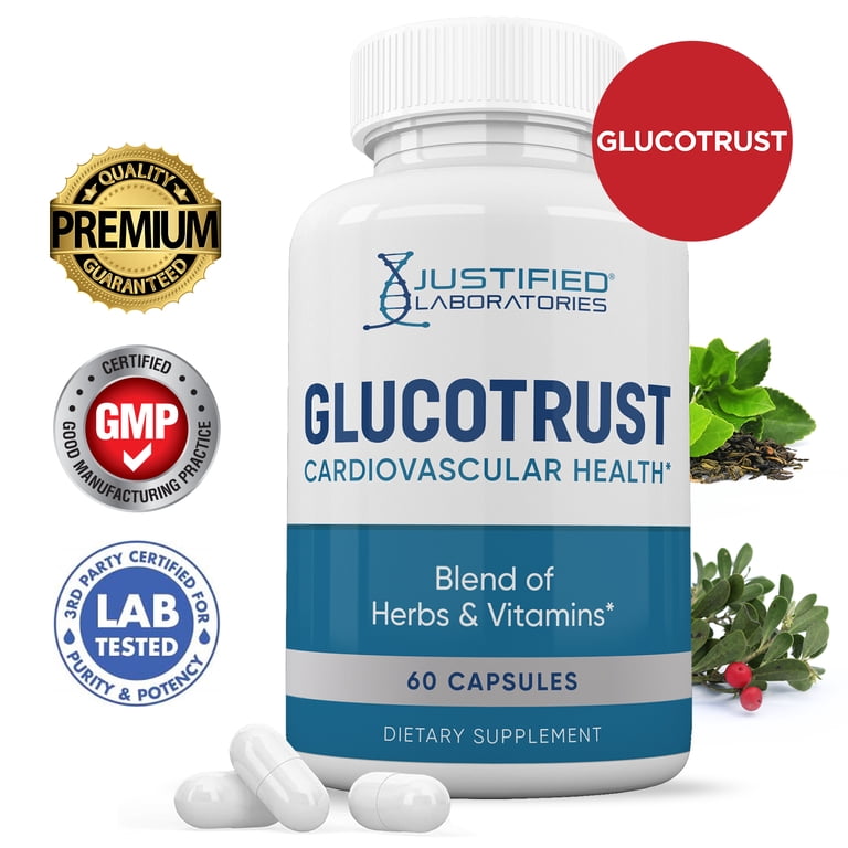 GlucoTrust Blood Sugar Support bottle with product testing and manufacturing badges