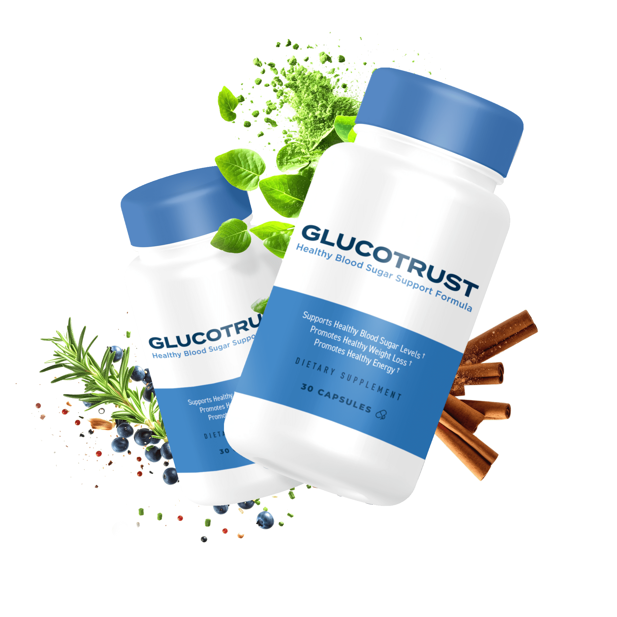 GlucoTrust Blood Sugar Support product bottles with green leaves and cinnamon